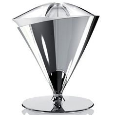 a clear glass vase sitting on top of a metal stand with an upside down design