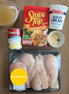 ingredients needed to make chicken dinner laid out on a table