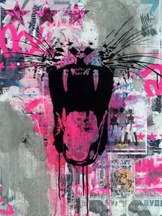 an abstract painting with pink and black paint on the face of a cat's head