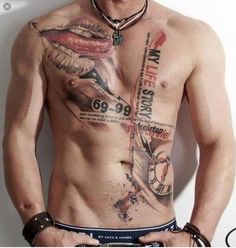 a shirtless man with tattoos on his chest and neck is standing in front of a white wall