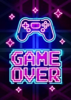 the neon text game over with a video game controller on it's back side