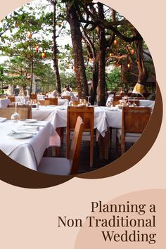 the front cover of a restaurant with tables and chairs set up for an outdoor wedding