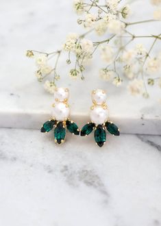 Emerald Earrings Bridal Emerald Pearl Earrings Green Stud | Etsy Emerald Bridesmaids, Green Pearl Earrings, Green Stud Earrings, Climbing Earrings, Bridesmaids Earrings, Ear Crawler Earrings, Earrings Emerald, Climber Earrings, Green Pearls