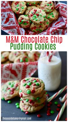 m & m chocolate chip pudding cookies are stacked on top of each other with candy canes