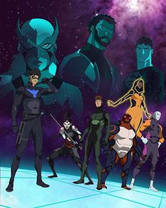 an animated group of superheros standing in front of a space filled with stars and planets