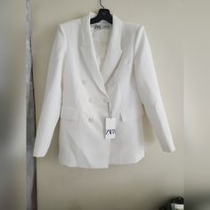 Tailored Double-Breasted Blazer Size Xl Ecru Bnwt Tailored Double-breasted White Blazer, White Tailored Double-breasted Blazer, White Double-breasted Blazer For Spring, Elegant White Outerwear With Button Closure, White Double-breasted Long Sleeve Blazer, White Tailored Long Sleeve Blazer, White Blazer With Double Button Closure And Long Sleeves, White Zara Blazer With Buttons, Zara White Blazer With Buttons