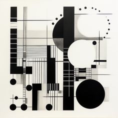 an abstract black and white painting with circles, lines, and squares on it's surface