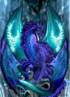 a purple and blue dragon sitting on top of a rock