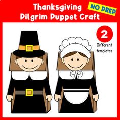 thanksgiving pilgrim puppet craft for kids to make with paper and glue on the back, includes 2 different templates