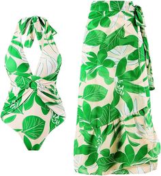 One Piece Swimsuit with Cover Up Set Women Retro Green Floral Bathing Suit with Sarong Cover Up Wrap Skirt Sexy Bikini with Skirt Beach Outfits Green Flower Leaves Small at Amazon Women’s Clothing store Swimsuit With Cover Up, Floral Print Swimwear, Two Piece Bathing Suit, Swimsuit Set, One Piece For Women, Retro Floral, Sarong, Wrap Skirt, Bathing Suit