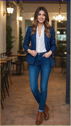 Master office casual with this stylish blazer and jeans combo. Featuring a tailored blazer, a casual blouse, and dark-wash skinny jeans, paired with ankle boots and a crossbody bag, this look is both comfortable and professional.   BlazerAndJeans #OfficeFashion #TailoredBlazer #CasualBlouse #SkinnyJeans #AnkleBoots #CrossbodyBag #OfficeCasual #ProfessionalStyle #OfficeOutfit #office #officewear #fashion #ootd Blue Blazer Outfits For Women, Blazer And Jeans, How To Wear Ankle Boots, Blazer Outfits For Women, Stylish Blazer, Tailored Blazer, Fashion 101, Professional Fashion, Blazer Outfits