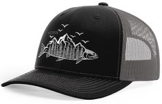 High quality Richardson 112 Trucker hat. Structured, mid-profile, six-panel cap with snapback fitting. Artfully embroidered trucker caps with the Trout Edition artwork from the Fishing Series Hats by Horn Gear. 100% satisfaction guaranteed. If you love the outdoors, hunting, fishing, or hiking, express yourself with this stylish and high airflow cap. One size fits most. Black Curved Bill Hat For Fishing, Black Casual Snapback Hat For Fishing, Fishing Trucker Hat Baseball Cap Style, Trucker Baseball Cap With Curved Bill For Fishing, Trucker Baseball Cap For Fishing With Curved Bill, Black Flat Bill Baseball Cap For Fishing, Trucker Snapback Hat With Flat Bill For Fishing, Fishing Trucker Cap With Curved Bill, Trucker Snapback Hat With Curved Bill For Fishing