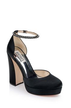 Felixa Platform with Gemstone Ankle Strap Satin Material, Toe Designs, Badgley Mischka, Block Heels, Ankle Strap, Heel Height, Gemstones, Heels, Leather