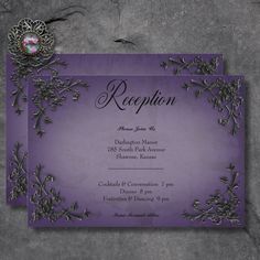 an ornate purple and silver wedding card