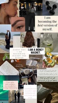 a collage of images with words and pictures on them, including an image of a woman's face