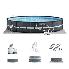 an above ground swimming pool with ladders and other accessories around it, including a pump