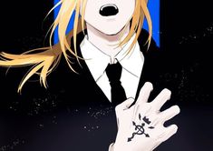 an anime character with long blonde hair wearing a black suit and tie, holding his hand out to the side