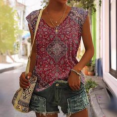 Lasaky - Creative Floral Collar Comfortable Leisure Printed Sleeveless Loose Fit Shirt Tank Top Graphic, Loose Fit Shirts, V Neck Tank Top, Beach Tops, Pantalon Large, Sleeveless Vest, Pink Tank Top, Online Tops, Womens Vest