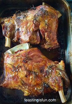 two pieces of meat in a roasting pan