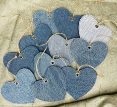 heart shaped denim tags on a table cloth