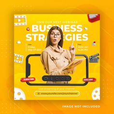 a woman with glasses is standing in front of a yellow poster that says business struggles