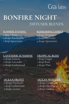 Cozy Up to the Warmth of Bonfire Night! 🔥✨ Set the mood with our comforting Bonfire Night Diffuser Blends.  #GyaLabs #UpliftYourEveryday #essentialoils #spring #summerseason #amazing #soulwisdom #Junevibes #summer  #summervibes #abundance #abundancemindset #miracles #blessings #inspiration #NaturalCare #HealthyLiving #EssentialOils #woman Friday Night Diffuser Blend, Night Diffuser Blends, Fragrance Blends, Night Set, Perfume Recipes