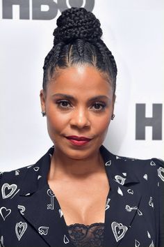 Sanaa Lathan With Braids, Feed In Braid Bun With Curly Hair, Corn Row Updo Hairstyles, African American Bun Hairstyles, Cornrow Braid Bun Styles, Canerow Hairstyles For Natural Hair, Updo Braids For Black Hair High Bun, Cornrows Updo Bun, Natural Braided Updo