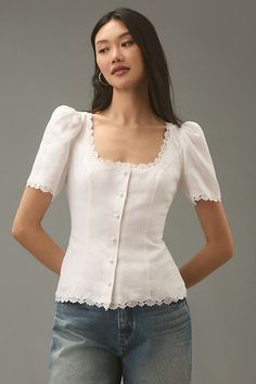 The Reformation Anabella Linen Top elevates casual chic with its breezy linen fabric and flattering square neckline, perfect for effortless summer styling. | Anabella Linen Top by Reformation in White, Women's, Size: 8 at Anthropologie Cute Modest Tops, Sweetheart Neckline Top, Romantic Tops, Unique Blouse, Princess Seams, Vintage Inspired Design, Scalloped Lace, Top Design, Sweetheart Neck