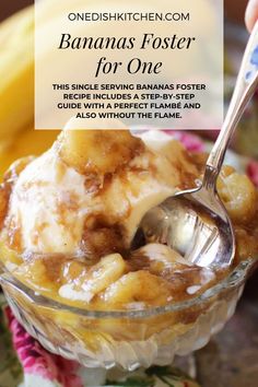 banana fosterer for one in a glass bowl with a spoon