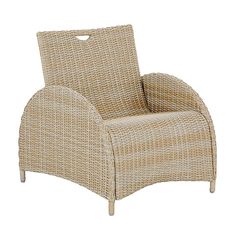 a chair that is made out of wicker and has an arm rest on it