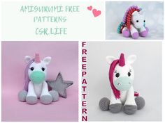 crocheted unicorns and stars are featured in this collage with the caption free pattern