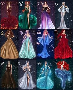 twelve zodiac signs in different colors and sizes, including the woman with long hair wearing a dress