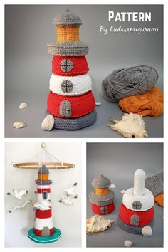 three different views of a lighthouse made out of knitted material and yarns, with text overlaying the image