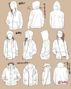 an anime character's hoodie is shown in several different positions, including the front and