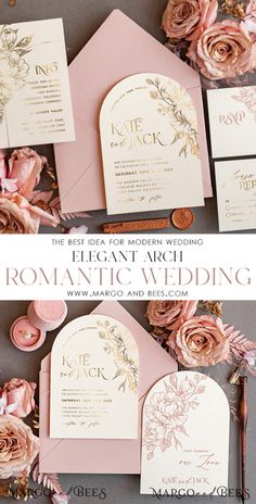 wedding stationery with pink flowers and gold foil on the front, and in the back