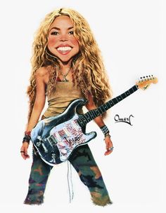 a drawing of a woman holding a guitar and smiling at the camera with her mouth open