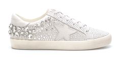 PRICES MAY VARY. Irregular Rhinestone Chunks Cushioned Sole Star Logo Vintage Finish Luxury White Rhinestone Sneakers, Silver Bedazzled Low-top Sneakers, Golden Goose Pearl Sneakers, White Sneakers With Star Patch, Luxury Low-top Sneakers With Star Embellishments, Trainers Fashion, Logo Vintage, Star Logo, Star Sneakers