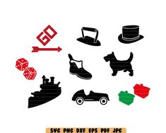 the silhouettes of different types of objects are shown in black and red on white