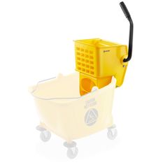 a yellow mop bucket with a black handle on it and a cleaning brush in the back