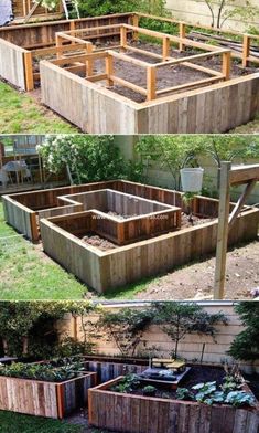 several different types of raised garden beds in various stages of being built and placed on top of each other