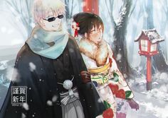 two anime characters standing in the snow