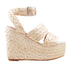 Woven straw with man made sole Ankle buckle closure Platform measures approx. 2" H Heel measures approx. 5" H Imported Straw Sandals, Iconic Models, Sneakers Heels, Shades Of Beige, Sandals Summer, Shoe Game, Beautiful Shoes, Women Swimsuits, Wedge Shoes