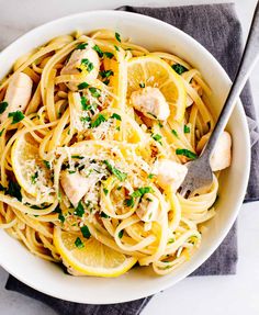 lemon garlic chicken pasta in a white bowl