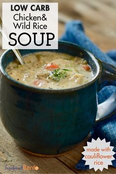 Soup is so satisfying when the weather turns cold. But I got to thinking - how many of those starchy carbs can I cut out and still keep that creamy goodness and still use real wild rice?   My low carb Chicken and Wild Rice soup  has 215 calories per serving and only 15 grams of net carbs.  It has all the delicious flavors you'll love like chewy wild rice with chunks of chicken, carrots, and broccoli. With a big chuck of those carbs being replaced with cauliflower rice! It's warm, creamy, and filling. Low Carb Chicken Wild Rice Soup, Homemade Green Chili, Low Carb Chicken Soup, Meatless Chili, Clean Eating Soup Recipes, Chicken And Wild Rice Soup, Chicken Carrots, Keto Soups, Chicken Wild Rice Soup