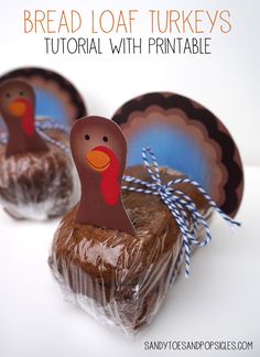 two turkeys made out of chocolate on top of twine wrapped in twine