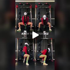 the woman is squatting down in front of a gym machine and wearing a red jacket