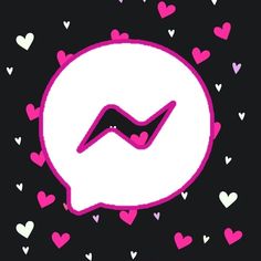 a pink and white speech bubble with hearts around it on a black background in the shape of a heart