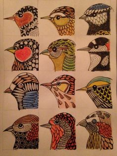 an image of birds that are drawn in colored pencils and ink on white paper