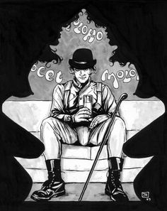 a black and white drawing of a man sitting on a couch with canes in his hand