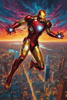 an iron man flying through the air over a city